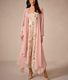 abordables -ensemble de robe d'invité de mariage pour femme robe maxi en mousseline de soie brodée date vacances élégant col en V manches longues couleur rose printemps été automne