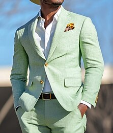 voordelige -Heren Bruiloft Feest Linnen pakken Ingesneden revers Hemelsblauw Salie Modieus Casual Effen Standaard pasvorm 2-delige set Enkele rij knopen met twee knopen