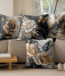 abordables -Housse de coussin décorative florale noire et dorée 4PC Housse de coussin carrée douce pour chambre de salon Canapé Chaise