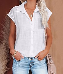 economico -Per donna Camicia Camicie di cotone e lino Abbottonare Blusa Semplice Essenziale Casual Manica Corta Colletto a Camicia Top Regolari Quotidiano Ferie Uscire Bottoni Tasca Verde primavera Bianco Verde