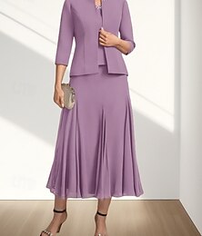 economico -Abito A-Line in Due Pezzi Madre della Sposa Vestito Ospite di Matrimonio Elegante Collo Tondo Lunghezza Tè Chiffon Manica 3/4 con Applicazioni di Perline Midi Dress