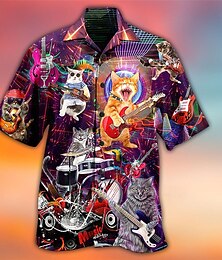 preiswerte -Herren Katze Gitarre Hemd Hawaiihemd Sommerhemd Aloha-Shirt Kurzarm Hemd Umlegekragen Tropisch Modisch Hawaiianisch Casual Hawaiianisch Festtage Gelb Blau Violett S M L