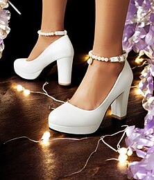 preiswerte -Weiße High Heel Pumps für Damen mit Perlen-Fesselriemchen – elegante Plateau-Pumps für Hochzeiten, Abschlussbälle und formelle Anlässe