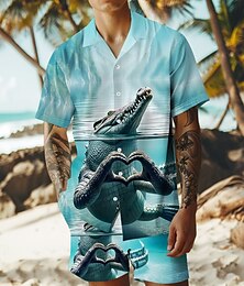 abordables -Homme Crocodile 2 pièces Ensembles de chemises Chemise Manche Courte Pantalon court Col cubain Vacances Décontracté Quotidien Soirée Occasionnel Quotidien Impression 3D Été Bleu œuf de mer