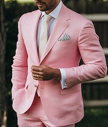 economico -Completi da matrimonio per feste in lino per uomo rosa moda casual estivi in tinta unita taglio standard 2 pezzi con un solo bottone