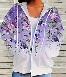 abordables -Mujer Talla grande Sudaderas con cremallera Floral Vintage Deportes Ropa de calle Manga Larga Con Capucha Tops regulares Casual Festivos Cerrar Correa Bolsillo delantero Azul Piscina Violeta