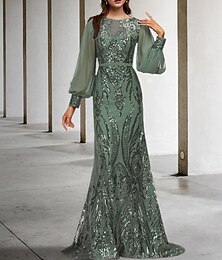 abordables -Robe de Mère de la Mariée Sirène Robe Invité de Mariage Élégante Éclat  Brillance Col Bijou Traîne Sweep  Brush Chiffon Manches Longues avec Appliqués Sequins 2025 taille personnalisée gratuite