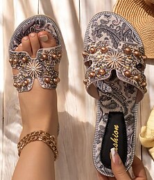 abordables -Sandalias planas bohemias con adornos de diamantes de imitación para mujer: sandalias de verano sin cordones con estampado paisley para playa, vacaciones y uso informal.