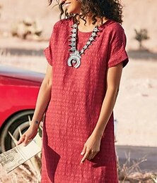 abordables -Femmes Robe Midi Robe Décontractée Robe en coton et lin Mode Moderne Extérieur Sortir Week-end Coupe régulière Uni Manche Courte Col ras du cou Noir Blanche Rouge Gris Été