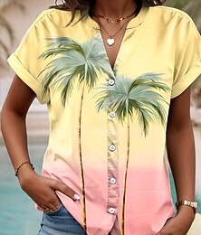 preiswerte -Frauenhemd V-Ausschnitt Knopfleiste Bluse Sommeroberteile Ombre Grafik Baum Tropisch Alltag Hawaiian Kurzarm Hemdkragen Regelmäßige Oberteile Alltag Knöpfe Print Gelb Sommer