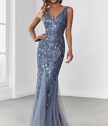 abordables -Robe sirène  trompette mère de la mariée robe invitée au mariage élégante décolleté en V longueur sol sans manches en dentelle avec dentelle
