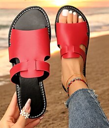 abordables -Sandalias rojas sin cordones para mujer: elegantes sandalias planas con punta abierta para ropa de playa de verano, paseos informales y conjuntos de vacaciones.