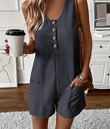 abordables -Mujer Normal Mono Casual Color sólido Sin Mangas Pantalones cortos holgados Cuello Barco Botones Bolsillo Deporte Diario Ajuste regular Negro Verde Ejército Marrón Verano