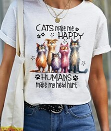 baratos -Mulheres Camiseta Gráfico Letra à moda Casual Manga Curta Decote Redondo Tops regulares Diário Final de semana Imprimir Preto Branco Azul Roxo Verão Primavera Cat Funny Slang