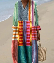 ieftine -Pentru femei Rochii Midi Rochie de Vară Rochie A line Vacanță Casual Boho Ieșire Plajă Grafic Manșon Lung În V Galben Roz Îmbujorat Albastru piscină Maro Vară Primăvară