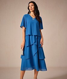 economico -Per donna Vestito longuette Abiti in chiffon Elegante Moda fluente Matrimonio Invitati del matrimonio Morbido Tinta unica Manica corta A V Blu reale Estate Primavera