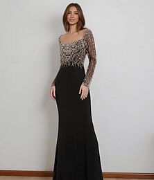 economico -sirena / abito da sera a tromba elegante abito da sera formale festa lunghezza pavimento manica lunga scollo quadrato crêpe elasticizzato con perline cristalli 2025