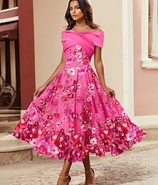 preiswerte -A-Linie Cocktailkleider Elegant Kleid Formell Hochzeit Tee-Länge Ärmellos Hemdkragen Satin mit Falten Gerafft Stickerei 2025
