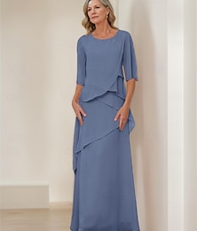 voordelige -Sheath  Kolom Moeder van de Bruid Jurk Formeel Elegante Vintage Simpele Boot Hals Vloerlengte Chiffon Halve Mouw met Volants Cascaderende Volants 2025