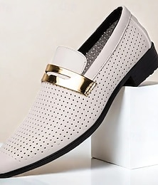 preiswerte -Ballschuhe für Herren – elfenbeinfarbene Loafer aus perforiertem Kunstleder mit goldener Schnalle für formelle Anlässe