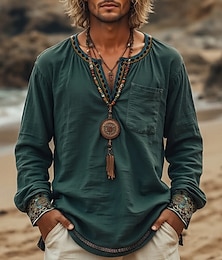 economico -Per uomo Camicia camicia di lino Camicia estiva Camicia da spiaggia Tinta unica Da mare Per eventi Verde Manica lunga Abbigliamento