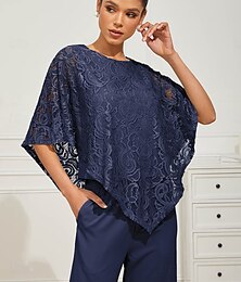economico -Per donna Blusa Top eleganti Liscio Elegante Mezza manica Girocollo Top regolari Invitati del matrimonio Giornaliero Pizzo Collage Multistrato Blu marino Estate Primavera