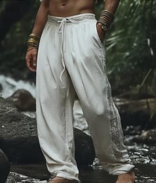 abordables -Homme Pantalons en Lin Pantalons Pantalon d'été Pantalons de Plage Patchwork Taille Élastique Cordon de serrage Uni Ethnique Confort Respirant Longueur complète Extérieur Quotidien Fête Mode Rétro