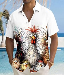 preiswerte -Herren Tier Küken Lustig Hemd Knopfhemd Kurzarm Modisch lässig Urlaub Festtage Strassenmode Sommer Umlegekragen 3D-Druck Hemden mit Kragen Eine Tasche vorne Schwarz Weiß Gelb Blau Purpur