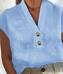 economico -Per donna Camicie di cotone e lino Camicia in cotone e lino Blusa Semplice Essenziale Moderno Casual Manica Corta Scollo a V Top Regolari Ferie Uscire Bottoni Bianco Rosa Verde Azzurro Estate