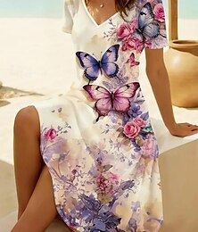 economico -Abito Mini Femminile A Line Abito T Shirt Abito Tee Abito Casual Vacanza Regolare Fit Grafica Paisley Maniche Corte Collo a V Blu Beige Estate Primavera