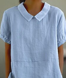 economico -Per donna Camicia Camicia di lino Blusa Camicie di cotone e lino Semplice Quotidiano Essenziale Casual Manica Corta Colletto a Camicia Top Regolari Quotidiano Uscire Arricciato Bianco Blu marino Blu