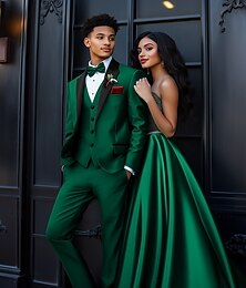 お買い得  -男性用 結婚式 同窓会 パーティースーツ ピークドラペル ダークグリーン ファッション ビジネス ソリッド スタンダードフィット 3点セット シングルブレスト 一つボタン