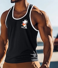 baratos -Homens Malha Íntima Top de colete camisa sem manga camisa muscular Sem Manga Gola Redonda Verão Coqueiro Esportes Moda Confortável Imprimir Casual Praia Preto Branco Verde Top Tee para Homens
