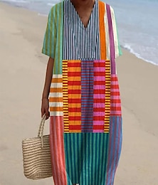 abordables -Robe Midi pour Femmes Robe d'Été A-Line Lin Vacances Décontractée Plage Sortie Coupe Lâche Imprimé Graphique Géométrique Manches Courtes Col V Rose Bleu Kaki Été