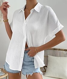economico -Camicia Blusa Donna Cotone Lino Monocromatica Elegante Casual Manica Corta Collo Camicia Top Quotidiani Festività Bottoni Bianca Estate Primavera