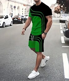 economico -Per uomo A righe 2 pezzi Set di magliette Top estivi Manica Corta Pantaloni corti Girocollo Canotta sportiva Casual All'aperto Vacanza Sport Stampa 3D Estate Nero verde