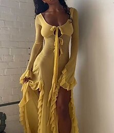 ieftine -Pentru femei Rochie Lunga Rochie Maxi Rochie Boho Modă Vacanță Dată Ieșire Fit regulat Simplu Manșon Lung În V Galben Deschis Vară