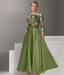 abordables -Robes Cocktail A-Line Floral Élégante Robe Formelle de Mariage Longueur Cheville Manches Mi-Longues Col Illusion Satin avec Volants Fente Broderie