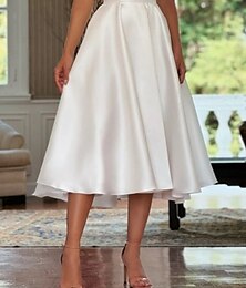 economico -Piccole Vestiti Bianchi da Fidanzamento Abiti da Sposa A-Line Collo a Cuore Senza Maniche Lunghezza Té Satin Abiti da Sposa con Pieghe Colore Solido