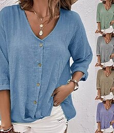 economico -Per donna Camicia Camicie di cotone e lino Abbottonare Blusa Semplice Essenziale Moderno Manica Lunga Scollo a V Top Regolari Quotidiano Ferie Bottoni Rosa Blu Viola Verde Cachi Estate