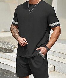 voordelige -Voor heren Trainingspak Kledingset Korte broek Strakke ronde hals Buiten Dagelijks Sport Zak Trekkoord 2-stuks Kleurenblok Gestreept Zwart Paars Khaki Polyester Sportkleding Klassiek Casual Zomer