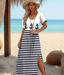 abordables -Robe Maxi Femme Robe T-Shirt Robe Tee Robe de Plage Robe Droite Robe d'Été Vacances Tropicales Élégantes Vacances Fête Vacances Fit Régulier Rayures Géométriques Manches Courtes Col rond Blanc Foncé