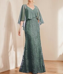 abordables -Robe A-Line mère de la mariée robe élégante éclat et brillance décolleté en V longueur sol chiffon dentelle manches courtes avec sequins en dentelle
