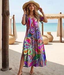 abordables -Femmes Robe Midi Robe d'Été Robe trapèze Vacances Occasionnel Boho Papillon Vacances Sortir Coupe régulière Fleuri Graphique Arc-en-ciel Manche Courte Col Rond Violet Claire Violet Arc-en-ciel Été