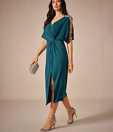 abordables -Mujer Vestido Midi Vestido de Punto Elegante Fiesta Cita Ajuste regular Color sólido Manga Corta Escote en Pico Azul Tinta Verano