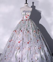 economico -Abiti da sposa abito da ballo spalla scoperta senza maniche lungo fino al pavimento abiti da sposa in tulle con pieghe applicazioni