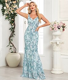 preiswerte -blaues geblümtes Meerjungfrau/Trompete Abendkleid Vintage Kleid formeller Abschlussball bodenlang ärmellos V-Ausschnitt Pailletten mit Glitzerpailletten 2025