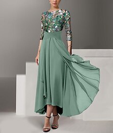levne -Zelené A-line výšivkové šaty matky nevěsty overskirt elegantní vintage iluze krk kotníková délka chiffon poloviční rukáv s flitry