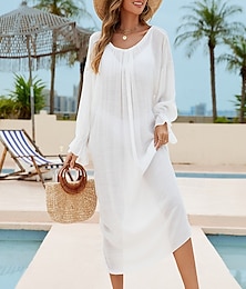 abordables -Femmes Maillots de Bain Vêtement couvrant Maillot de bain Dos nu Tropical Été Uni Fil en V manche longue Maillots de bain
