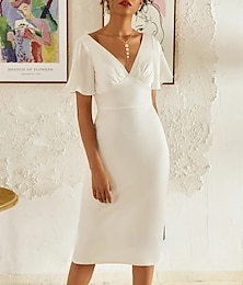 economico -Abiti bianchi per fidanzamento e piccola laurea abiti da matrimonio tubino  colonna scollatura a V maniche corte lunghezza tè abiti da sposa in chiffon con arricciature in tinta unita